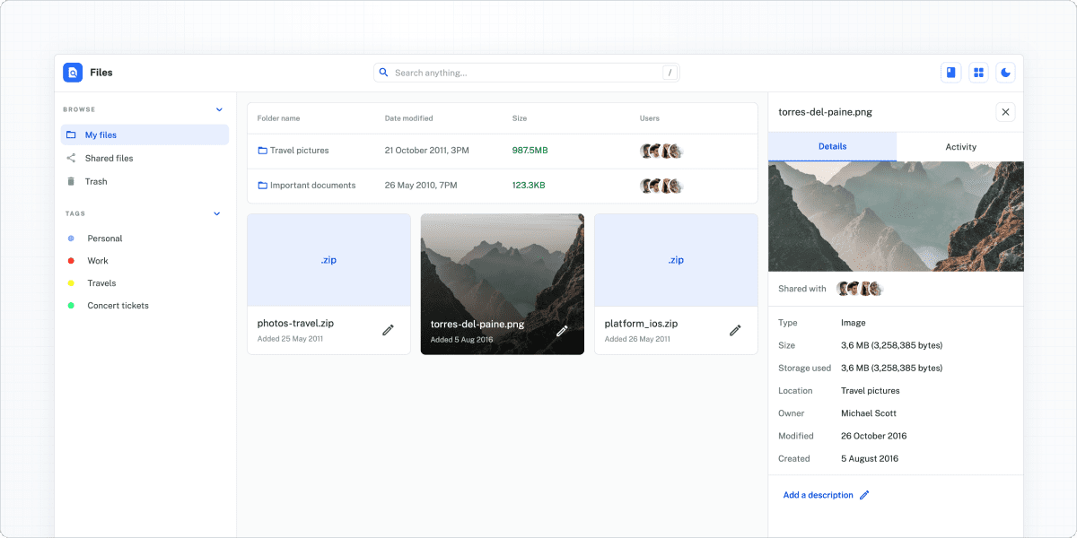 Screenshot of file management application mockup built with Joy UI